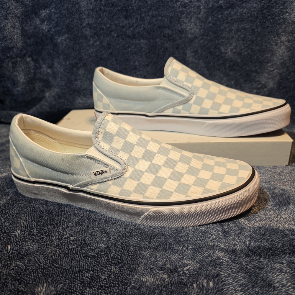 Vans Men's Baby Blue and White Checkered Slip-On Sneakers